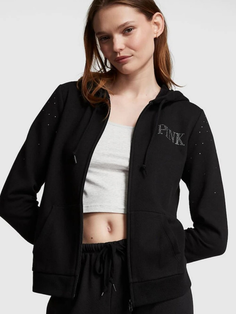 PINK Victoria's Secret Black Rhinestone Logo Everyday Zip-Up Hoodie Fleece Sz XS - Picture 2 of 14